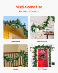 VEVOR Christmas Garland, 2750mm Artificial Christmas Garland with Light String, Faux Greenery Decoration with Berry Clusters, Pine Needles, Pine Cones, Realistic Xmas Collection for Mantel Fireplace