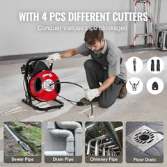 Drain Cleaner Machine 50FT x 1/2Inch Manual Feed Snake Auger with 4 Cutter