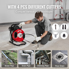 Drain Cleaner Machine 50FT x 1/2Inch Manual Feed Snake Auger with 4 Cutter