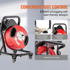 Drain Cleaner Machine 50FT x 1/2 Inch Manual Feed Snake Auger with Wheels