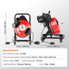 Drain Cleaner Machine 50FT x 1/2 Inch Manual Feed Snake Auger with Wheels