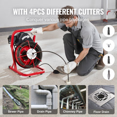 Drain Cleaner Machine Drain Auger 75FT x 3/8 Inch Manual Feed & 4 Cutters
