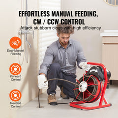 Drain Cleaner Machine Drain Auger 50FT x 1/2 Inch Manual Feed & 4 Cutters