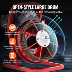 Drain Cleaner Machine Drain Auger 50FT x 1/2 Inch Manual Feed & 4 Cutters