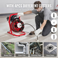 Drain Cleaner Machine Drain Auger 50FT x 1/2 Inch Manual Feed & 4 Cutters