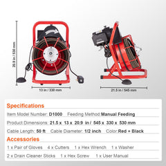 Drain Cleaner Machine Drain Auger 50FT x 1/2 Inch Manual Feed & 4 Cutters