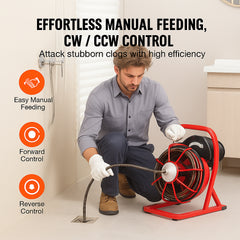 Drain Cleaner Machine Drain Auger 50FT x 1/2 Inch Manual Feed & 4 Cutters