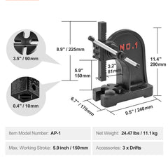 Arbor Press, 1 Ton Manual Arbor Press, 5.9" Maximum Height, Cast Iron Heavy-duty Manual Desktop Arbor Press, Precision Hand Press for Stamping, Bending, Stretching, Forming