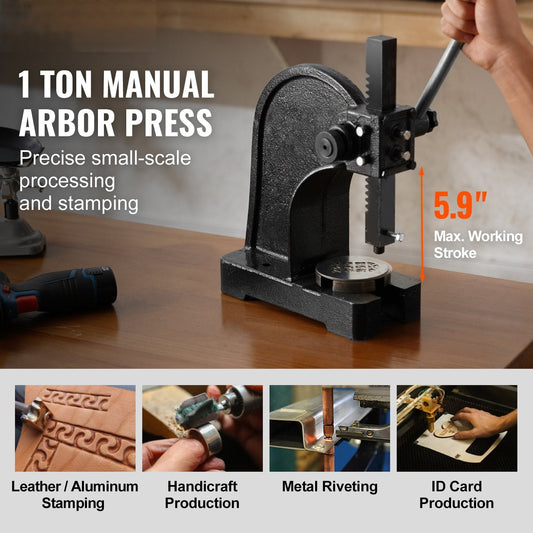 Arbor Press, 1 Ton Manual Arbor Press, 5.9" Maximum Height, Cast Iron Heavy-duty Manual Desktop Arbor Press, Precision Hand Press for Stamping, Bending, Stretching, Forming