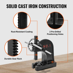 Arbor Press, 1 Ton Manual Arbor Press with Handwheel, 15cm Maximum Height, Cast Iron Heavy-duty Manual Desktop Arbor Press, Precision Hand Press for Stamping, Bending, Stretching, Forming
