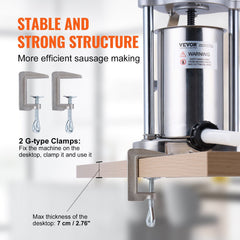 Manual Sausage Stuffer, 2 L / 5 LBS Vertical Sausage Machine with G-type Clamp, Food-Grade 304 Stainless Steel Barrel with 2 Stuffing Tubes, for Home Kitchen Restaurant Commercial