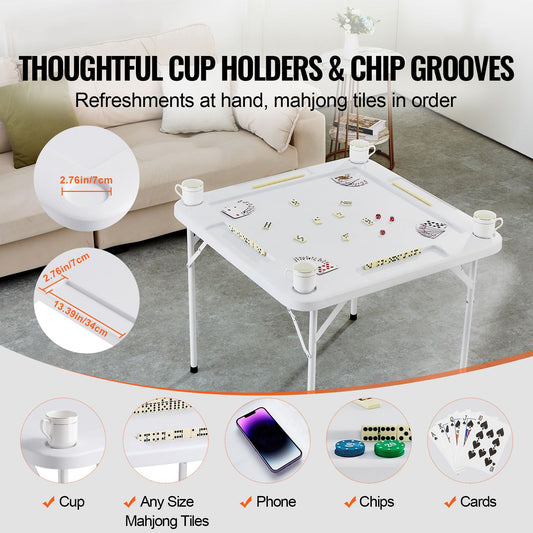 Mahjong Table, Square 4 Player Folding Card Table with 4 Cup Holders & 4 Chip Trays, Portable Domino Game Table with 1 Set of Dominoes for Mahjong Poker Puzzles, 90 x 90-inch, White