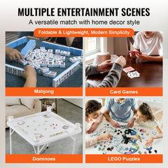 Mahjong Table, Square 4 Player Folding Card Table with 4 Cup Holders & 4 Chip Trays, Portable Domino Game Table with 1 Set of Dominoes for Mahjong Poker Puzzles, 90 x 90-inch, White