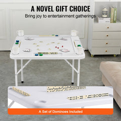 Mahjong Table, Square 4 Player Folding Card Table with 4 Cup Holders & 4 Chip Trays, Portable Domino Game Table with 1 Set of Dominoes for Mahjong Poker Puzzles, 90 x 90-inch, White