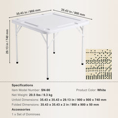 Mahjong Table, Square 4 Player Folding Card Table with 4 Cup Holders & 4 Chip Trays, Portable Domino Game Table with 1 Set of Dominoes for Mahjong Poker Puzzles, 90 x 90-inch, White
