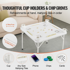 Mahjong Table, Square 4 Player Folding Card Table with 4 Cup Holders & 4 Chip Trays, Portable Domino Game Table with 1 Set of Dominoes for Mahjong Poker Puzzles, 90 x 90-inch, White