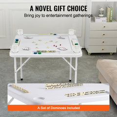 Mahjong Table, Square 4 Player Folding Card Table with 4 Cup Holders & 4 Chip Trays, Portable Domino Game Table with 1 Set of Dominoes for Mahjong Poker Puzzles, 90 x 90-inch, White