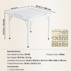 Mahjong Table, Square 4 Player Folding Card Table with 4 Cup Holders & 4 Chip Trays, Portable Domino Game Table with 1 Set of Dominoes for Mahjong Poker Puzzles, 90 x 90-inch, White