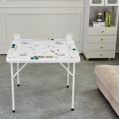 Mahjong Table, Square 4 Player Folding Card Table with 4 Cup Holders & 4 Chip Trays, Portable Domino Game Table with 1 Set of Dominoes for Mahjong Poker Puzzles, 90 x 90-inch, White