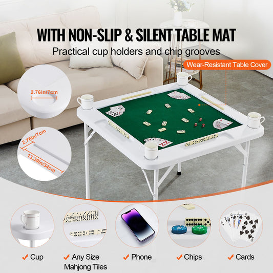 Mahjong Table, 4 Player Folding Domino Table with Wear-Resistant Green Tabletop, Portable Square Card Table with 4 Cup Holders & 4 Chip Trays for Mahjong Poker Puzzles, 90 x90-inch