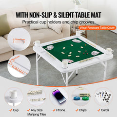 Mahjong Table, 4 Player Folding Domino Table with Wear-Resistant Green Tabletop, Portable Square Card Table with 4 Cup Holders & 4 Chip Trays for Mahjong Poker Puzzles, 90 x90-inch
