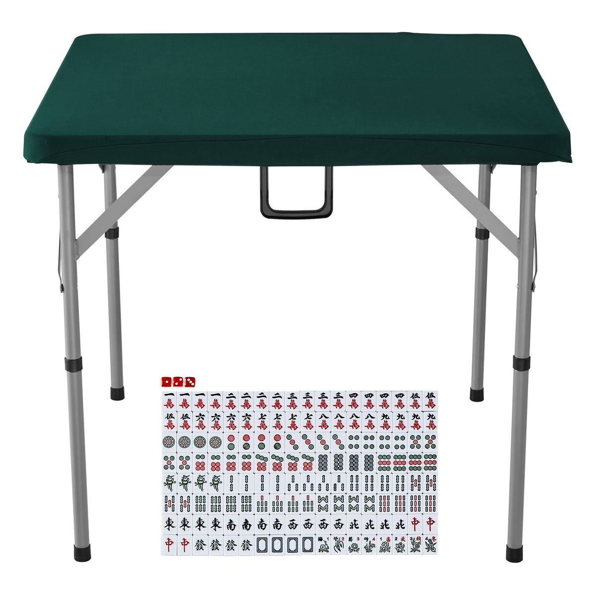Mahjong Table with Mahjong Tiles Set, Fold-in-Half 4 Player Card Table with 144PCS Majiang Tiles and 3 Dice, Portable Bi-Folding Domino Table with Wear-Resistant Green Tabletop & Carrying Handle