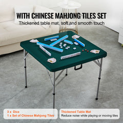 Mahjong Table with Mahjong Tiles Set, Fold-in-Half 4 Player Card Table with 144PCS Majiang Tiles and 3 Dice, Portable Bi-Folding Domino Table with Wear-Resistant Green Tabletop & Carrying Handle