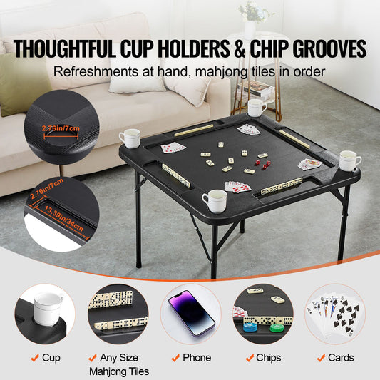 Mahjong Table, Square 4 Player Folding Card Table with 4 Cup Holders & 4 Chip Trays, Portable Domino Game Table with 1 Set of Dominoes for Mahjong Poke Puzzles, 90 x 90-inch, Black