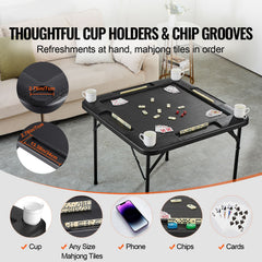 Mahjong Table, Square 4 Player Folding Card Table with 4 Cup Holders & 4 Chip Trays, Portable Domino Game Table with 1 Set of Dominoes for Mahjong Poke Puzzles, 90 x 90-inch, Black