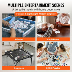 Mahjong Table, Square 4 Player Folding Card Table with 4 Cup Holders & 4 Chip Trays, Portable Domino Game Table with 1 Set of Dominoes for Mahjong Poke Puzzles, 90 x 90-inch, Black