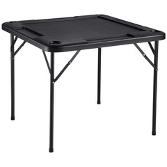 Mahjong Table, Square 4 Player Folding Card Table with 4 Cup Holders & 4 Chip Trays, Portable Domino Game Table with 1 Set of Dominoes for Mahjong Poke Puzzles, 90 x 90-inch, Black