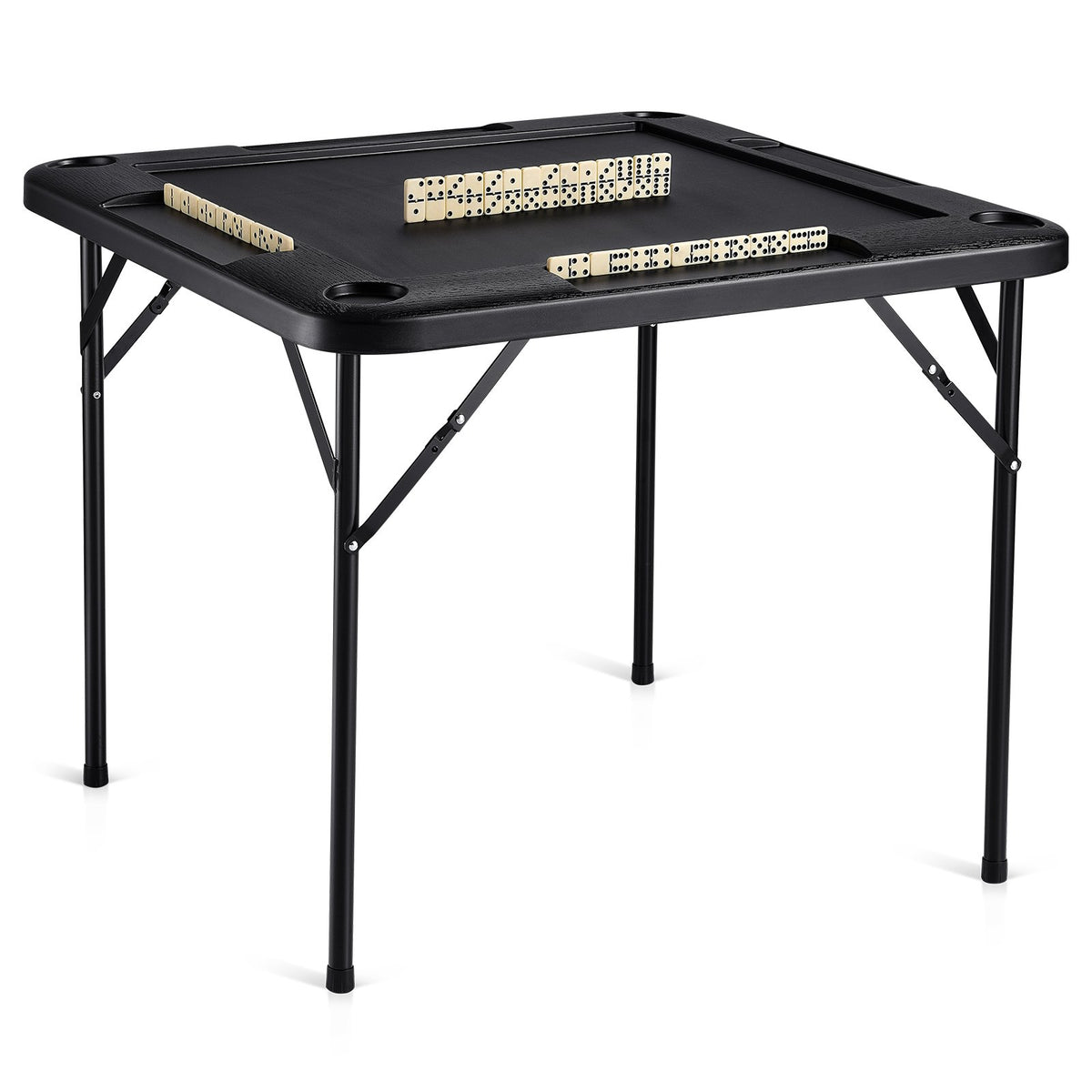 Mahjong Table, Square 4 Player Folding Card Table with 4 Cup Holders & 4 Chip Trays, Portable Domino Game Table with 1 Set of Dominoes for Mahjong Poke Puzzles, 90 x 90-inch, Black