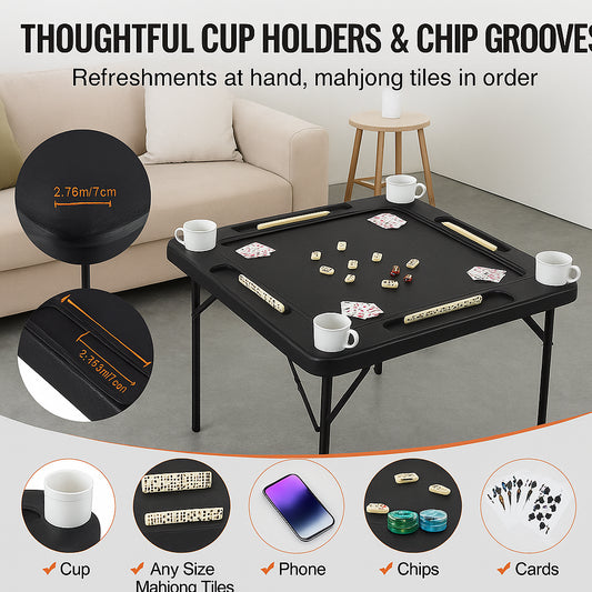 Mahjong Table, Square 4 Player Folding Card Table with 4 Cup Holders & 4 Chip Trays, Portable Domino Game Table with 1 Set of Dominoes for Mahjong Poke Puzzles, 90 x 90-inch, Black