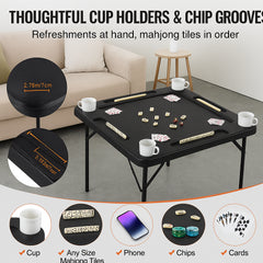 Mahjong Table, Square 4 Player Folding Card Table with 4 Cup Holders & 4 Chip Trays, Portable Domino Game Table with 1 Set of Dominoes for Mahjong Poke Puzzles, 90 x 90-inch, Black