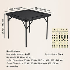 Mahjong Table, Square 4 Player Folding Card Table with 4 Cup Holders & 4 Chip Trays, Portable Domino Game Table with 1 Set of Dominoes for Mahjong Poke Puzzles, 90 x 90-inch, Black