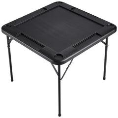 Mahjong Table, Square 4 Player Folding Card Table with 4 Cup Holders & 4 Chip Trays, Portable Domino Game Table with 1 Set of Dominoes for Mahjong Poke Puzzles, 90 x 90-inch, Black