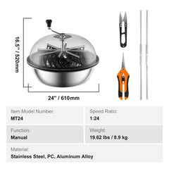 Leaf Bowl Trimmer, 24'' Trimmer Bowl, Manual Bud Trimmer with Stainless-Steel Blades for Twisted Spin Cut, Clear Visibility Dome and Hand Pruner Included, for Cutting Leaves, Buds, Flowers