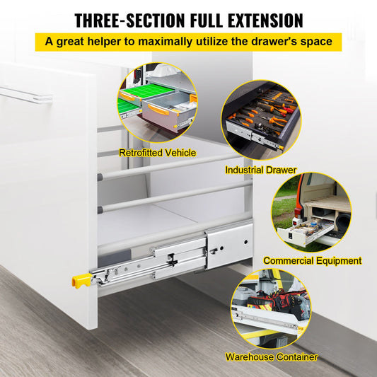 Drawer Slides with Lock, 1 Pair 40 inch, Heavy-Duty Industrial Steel up to 500 lbs Capacity, 3-Fold Full Extension, Ball Bearing Lock-in & Lock-Out, Side Mount