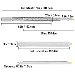 Drawer Slides with Lock, 1 Pair 60 inch, Heavy-Duty Industrial Steel up to 500 lbs Capacity, 3-Fold Full Extension, Ball Bearing Lock-in & Lock-Out, Side Mount