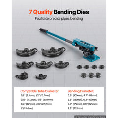 Pipe Tube Bender, 3/8" to 1" Manual Pipe Tube Bender, with 7 Dies, Heavy Duty Tube Bender Tubing of Steel Metal Copper, for Repair Shops, Blue