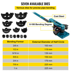 Pipe Tube Bender, 3/8" to 1" Manual Pipe Tube Bender, with 7 Dies, Heavy Duty Tube Bender Tubing of Steel Metal Copper, for Repair Shops, Blue