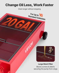 Low Profile Oil Drain Pan, 75.7 L Capacity, Rolling Oil Drain Pan with Manual Pump, 2.2 m Hose & T Folding Handle, Leak-proof & Corrosion-resistant, Fit for Cars, SUVs, Trucks, ATVs, Red