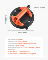 Vacuum Suction Cup, 203 mm Vacuum Glass Lifter with ABS Handle, 180 kg Max Lifting Capacity Tile Suction Cup Tool with Carrying Case for Lifting Large Tile, Granite, Drywall, Windows (2-Pack)