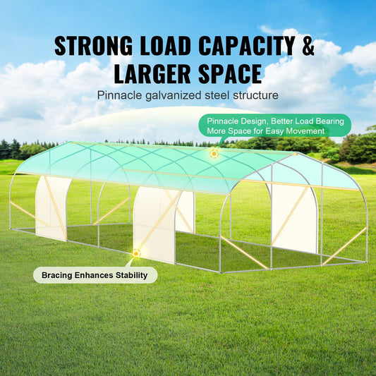 Walk-in Tunnel Greenhouse, 29.5x9.8x6.6 ft Hoop House Greenhouse Tunnel, Peaked Roof Plant Hot House with Galvanized Steel Frame, Green PE Cover, Roll-up Zipper Door and 12 Windows for Outdoor