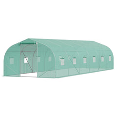 Walk-in Tunnel Greenhouse, 29.5x9.8x6.6 ft Hoop House Greenhouse Tunnel, Peaked Roof Plant Hot House with Galvanized Steel Frame, Green PE Cover, Roll-up Zipper Door and 12 Windows for Outdoor