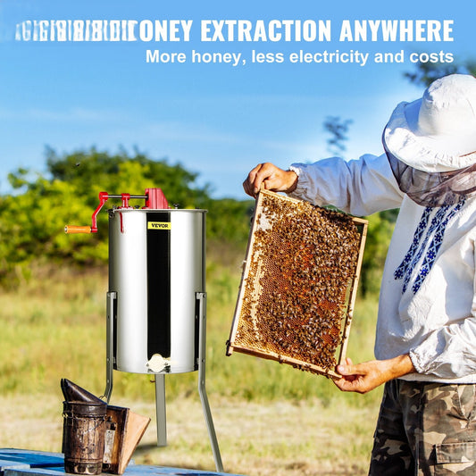 Manual Honey Extractor, 2/4 Frames Honey Spinner Extractor, Stainless Steel Beekeeping Extraction, Honeycomb Drum Spinner with Lid, Apiary Centrifuge Equipment with Height Adjustable Stand