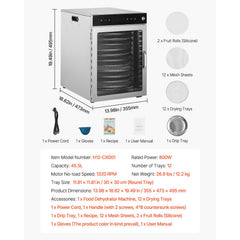 12 Trays Rotary Food Dehydrator Machine Stainless Steel 800W Fruit Drying