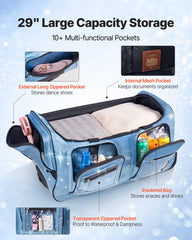 Dance Bag with Garment Rack, 736.6 mm Rolling Dance Duffel, with Wheels, USB Port, Height Adjustable Clothes Rack, Privacy Protection Curtain, Ideal for Travel and Competitions, Sparkling Blue
