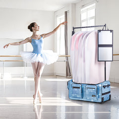 Dance Bag with Garment Rack, 736.6 mm Rolling Dance Duffel, with Wheels, USB Port, Height Adjustable Clothes Rack, Privacy Protection Curtain, Ideal for Travel and Competitions, Sparkling Blue