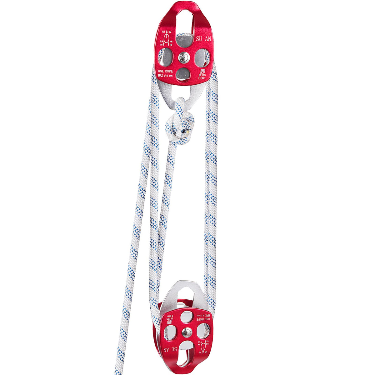 Twin Sheave Block and Tackle 1.09-1.27cm 3048-6096cm Twin Sheave Block with Braid Rope 30-35KN 2994-3495KGS Double Pulley Rigging (1/2" x 200')